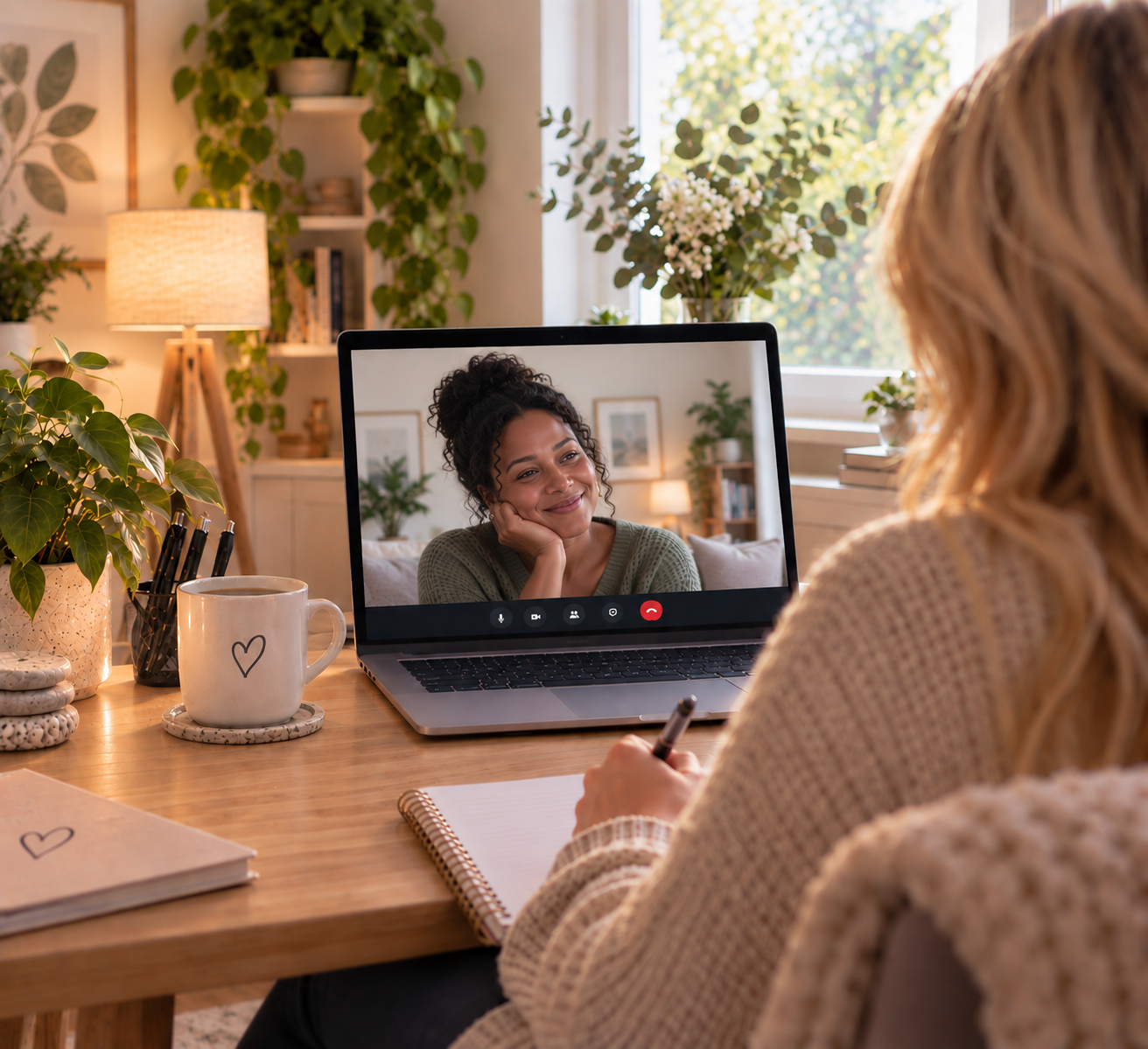 Woman with long blonde hair in a cream jumper takes notes during a video call with a smiling woman with curly dark hair