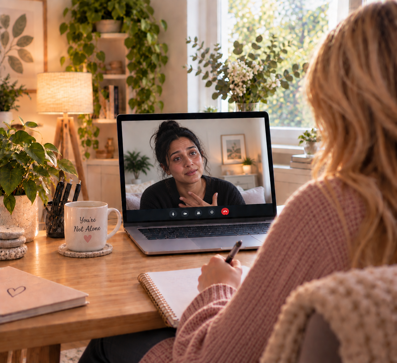 Woman taking notes on a video call with a woman holding a hand to her chest, beside a 'You're Not Alone' mug