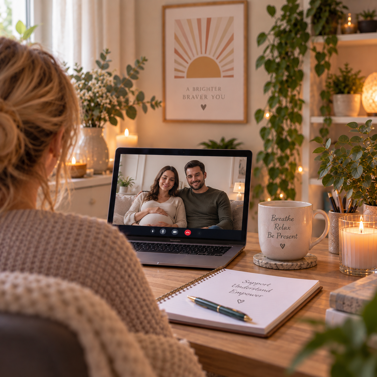 Woman seen from behind on a laptop video call with a pregnant woman and a man, a 'Breathe Relax Be Present' mug on the desk