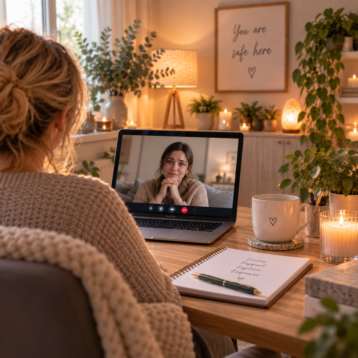 Woman seen from behind on a laptop video call with a worried-looking woman, a 'You are safe here' print on the wall