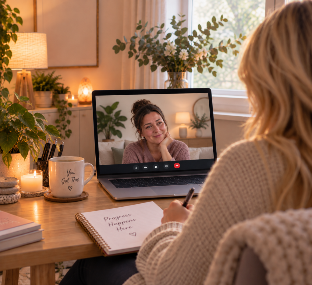 Woman seen from behind writing in a 'Progress Happens Here' notebook on a video call with a smiling woman, beside a 'You Got This' mug