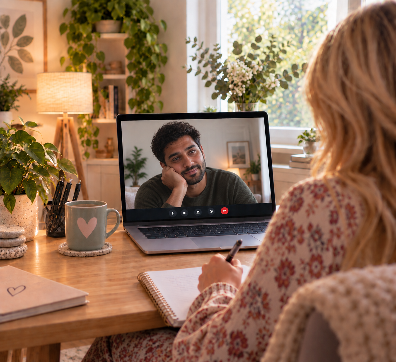 Woman writing notes during a video call with a bearded man resting his head on his hand, a heart mug beside the laptop