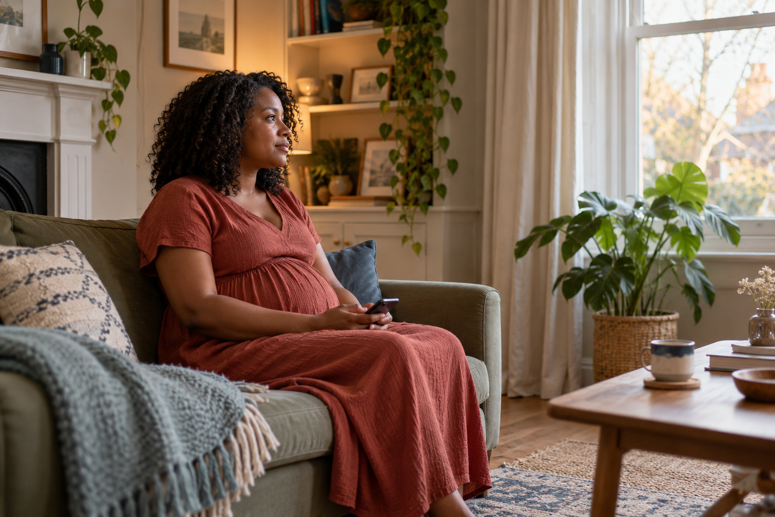 Pregnant woman sitting at home with her phone, considering whether to contact a counsellor.