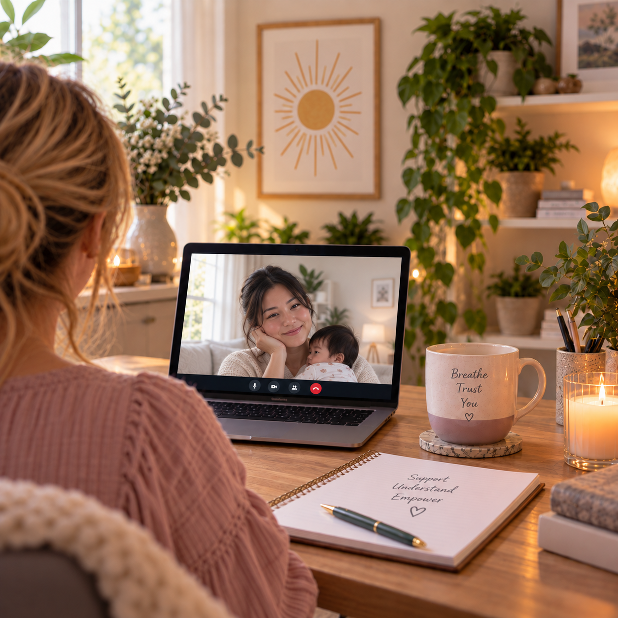 Woman seen from behind on a laptop video call with a smiling woman holding a baby, a 'Breathe Trust You' mug on the desk
