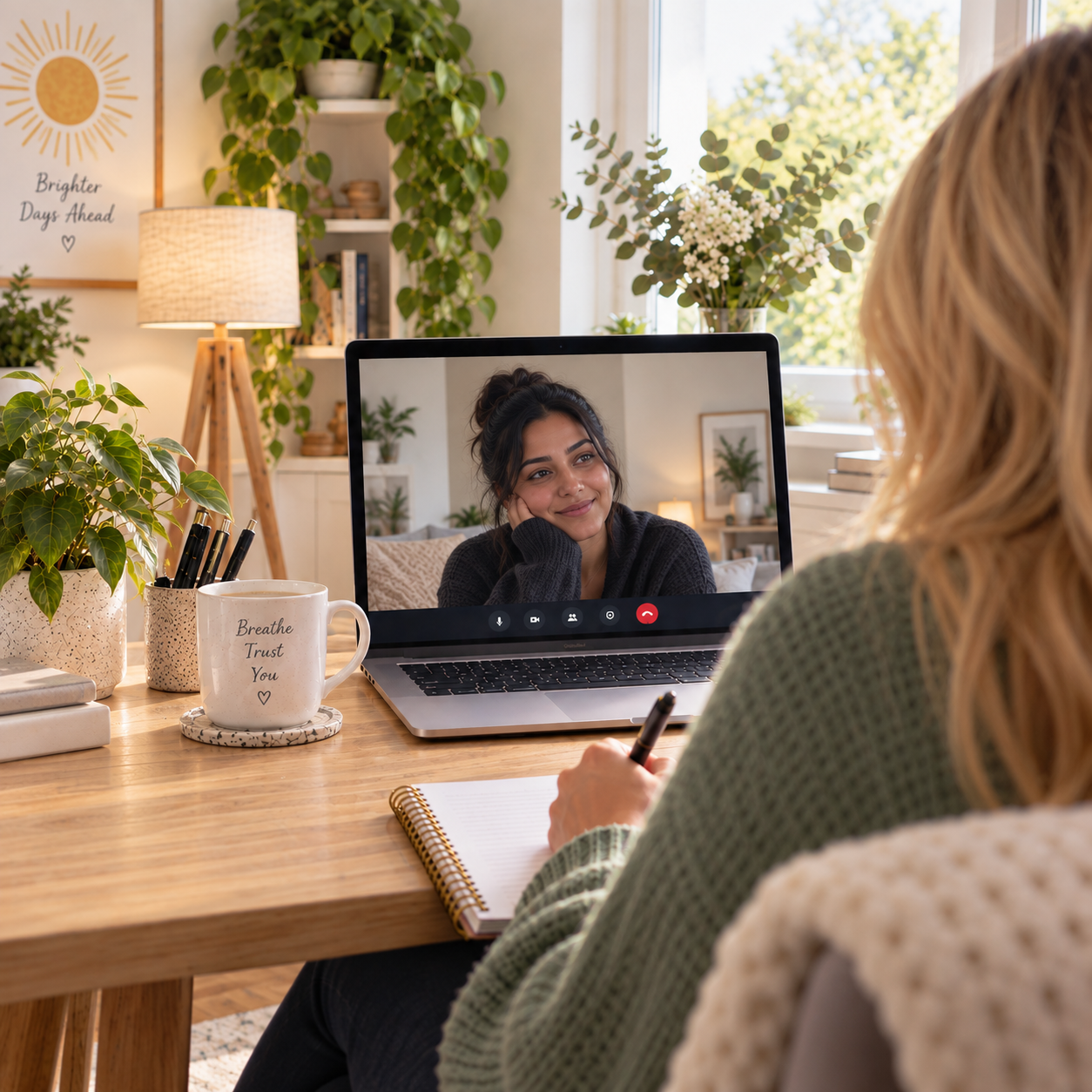 Blonde woman in a green jumper takes notes on a video call with a smiling dark-haired woman, beside a 'Breathe Trust You' mug