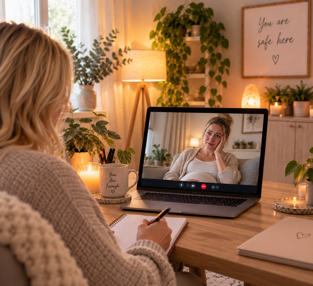 Woman taking notes during a video call with a pregnant woman resting her head in her hand, beside a 'You Are Enough' mug