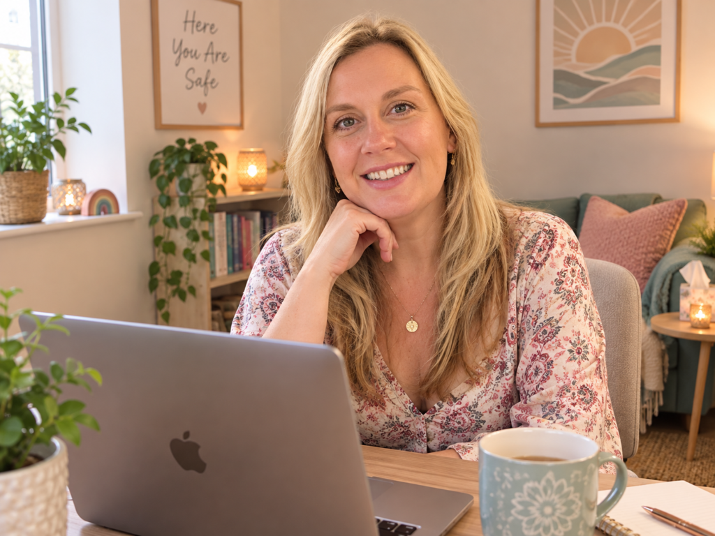 Terri Fowler smiling at her desk with a laptop and mug in a softly lit room, a 'Here You Are Safe' print on the wall behind her
