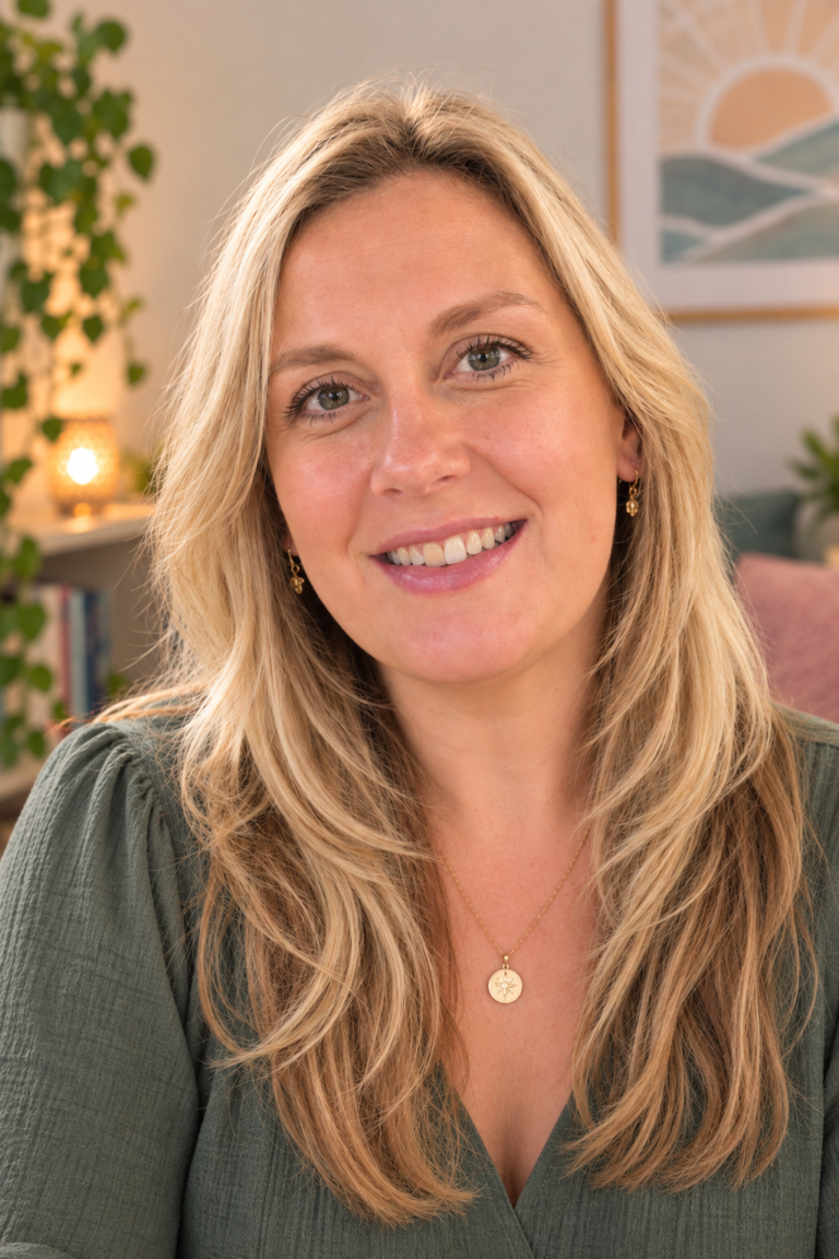 Terri Fowler smiling, with long blonde hair, a green top and a gold pendant necklace, in a room with plants