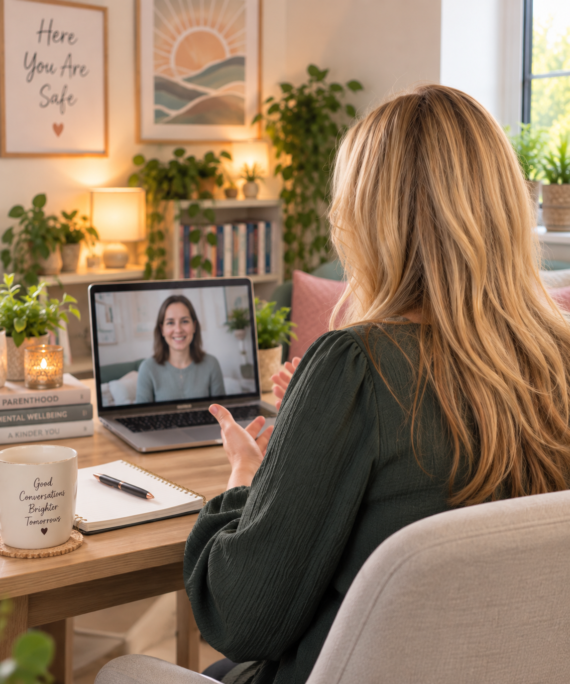 Terri Fowler, seen from behind, on a laptop video call with a smiling woman, a 'Good Conversations Brighter Tomorrows' mug on the desk