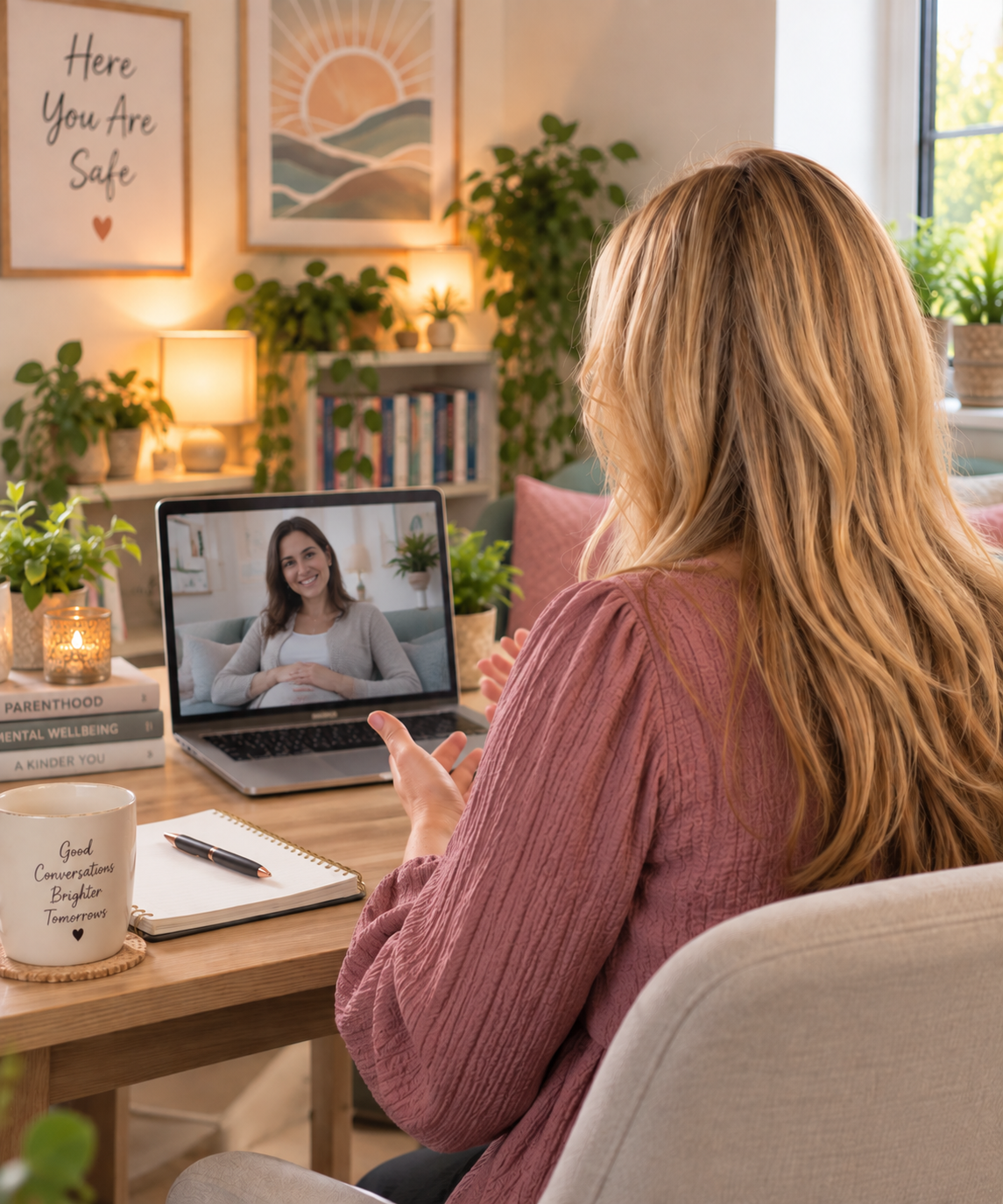 Terri Fowler, seen from behind, on a video call with a pregnant woman, a 'Good Conversations Brighter Tomorrows' mug on her desk