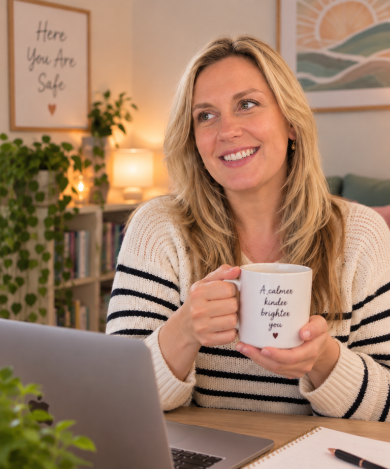 Terri Fowler smiling at a desk with a laptop, holding a mug that reads 'A calmer kinder brighter you'