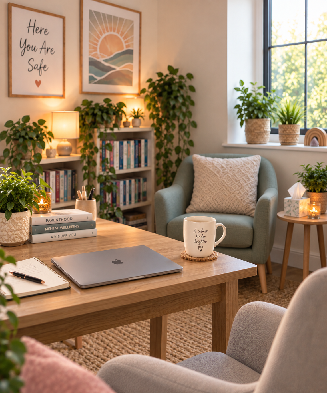 Counselling room with a 'Here You Are Safe' print on the wall, a green armchair, plants and a laptop on a wooden desk