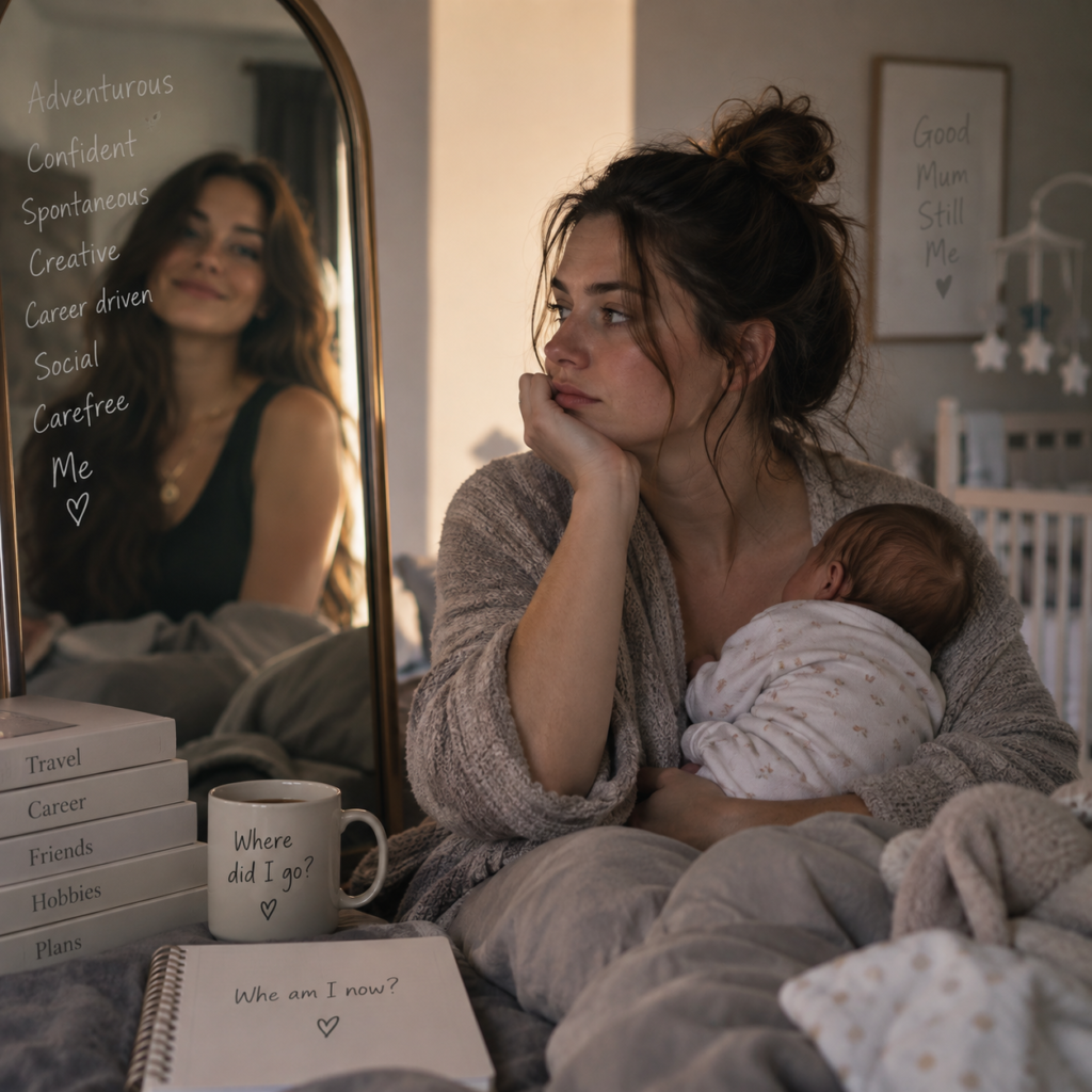 Woman cradling a newborn looks towards her smiling reflection in a mirror marked 'Confident' and 'Carefree', near a 'Where did I go?' mug
