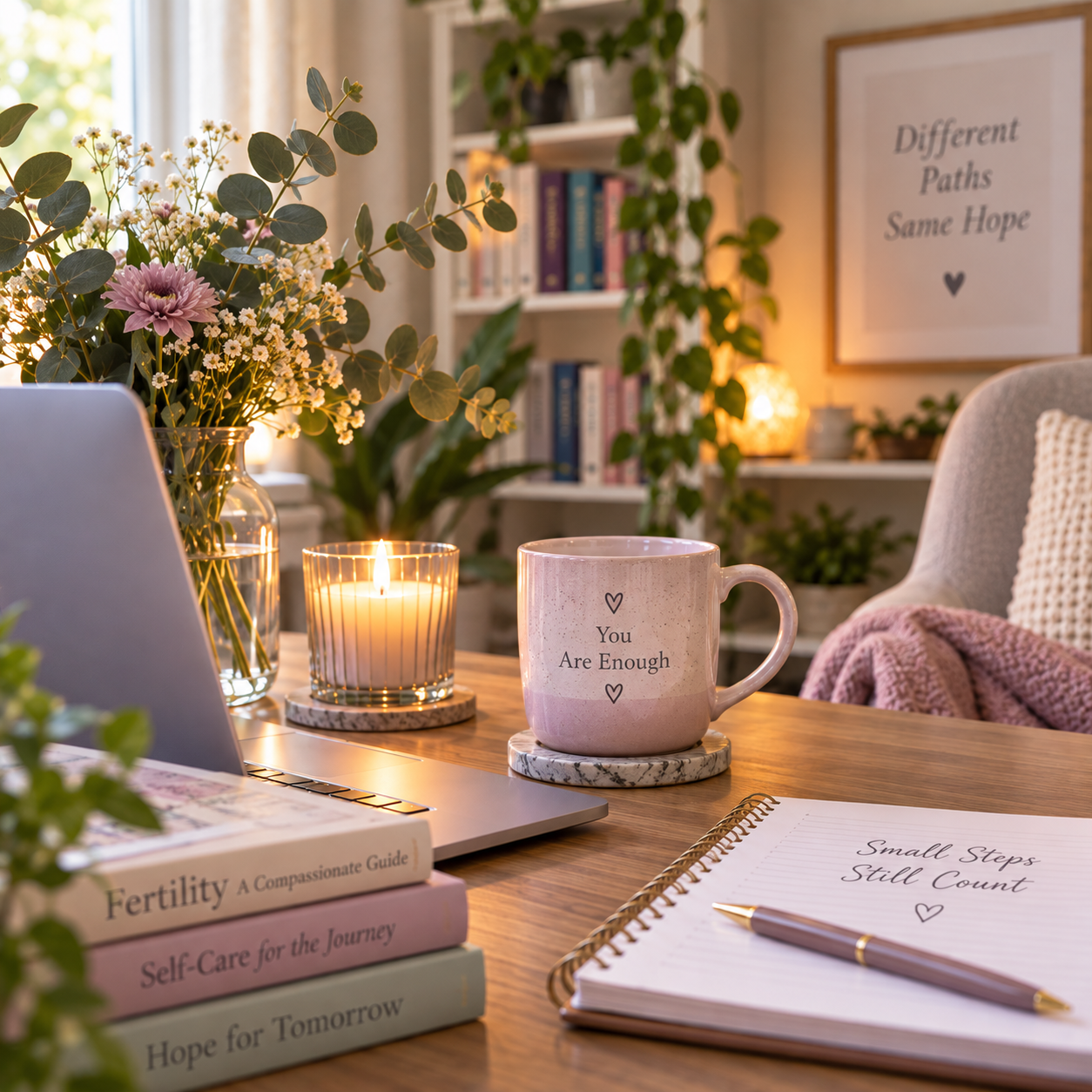 Pink 'You Are Enough' mug on a desk beside a lit candle, flowers, a laptop and the book 'Fertility: A Compassionate Guide'